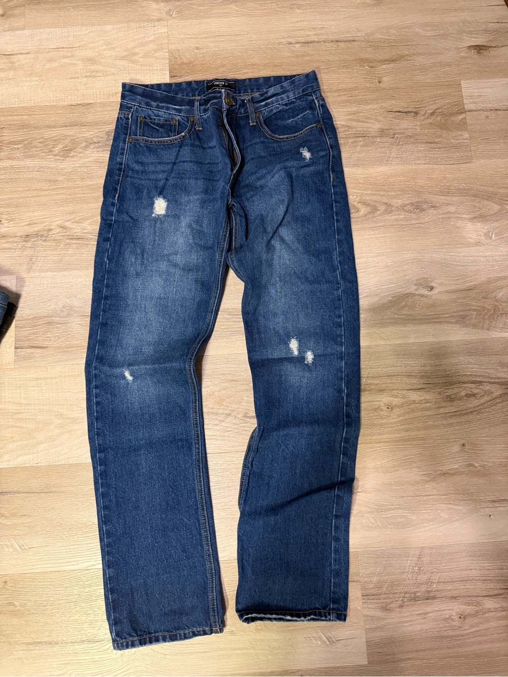 Forever 21 Men's Blue Straight Jeans with Light Distressing